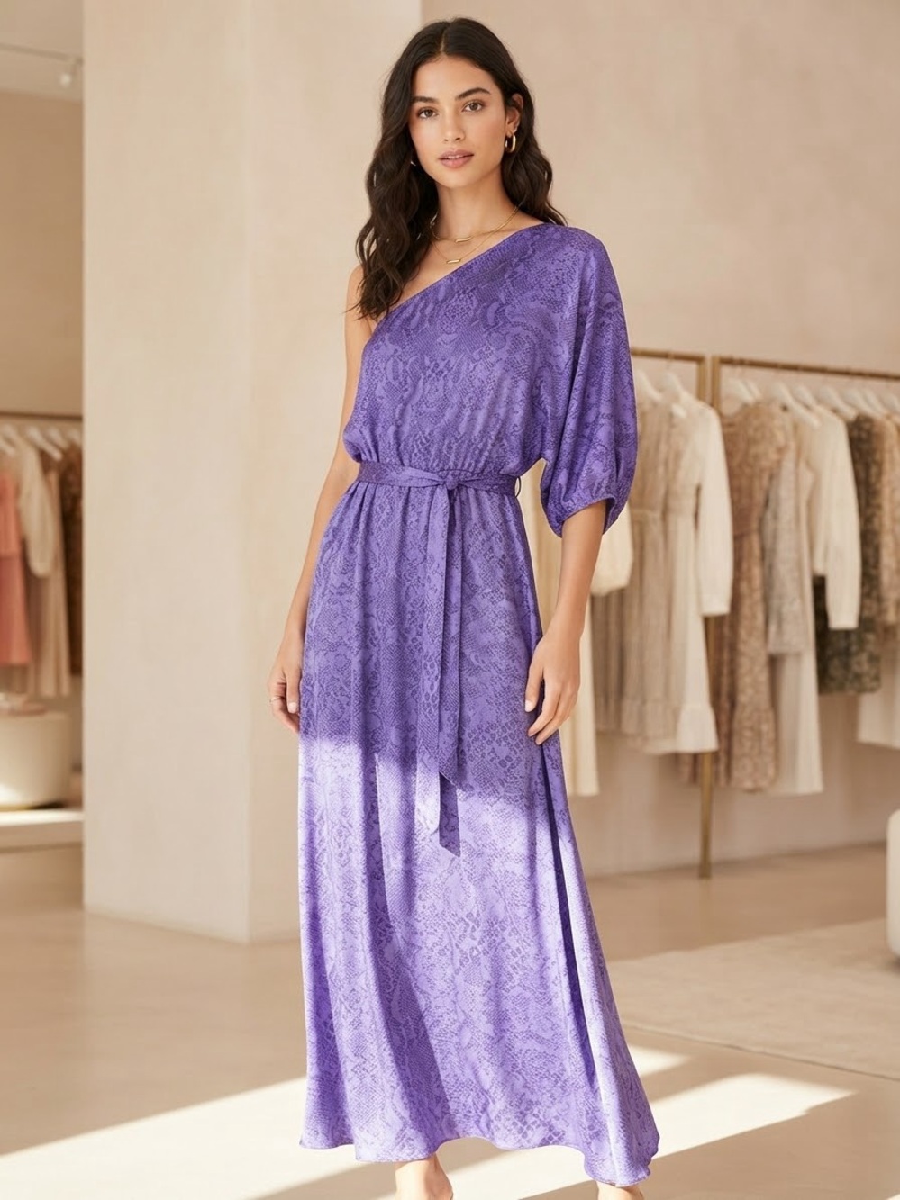 Rebecca Taylor Silk Purple Snake Print One Shoulder Midi Maxi Dress Size 0